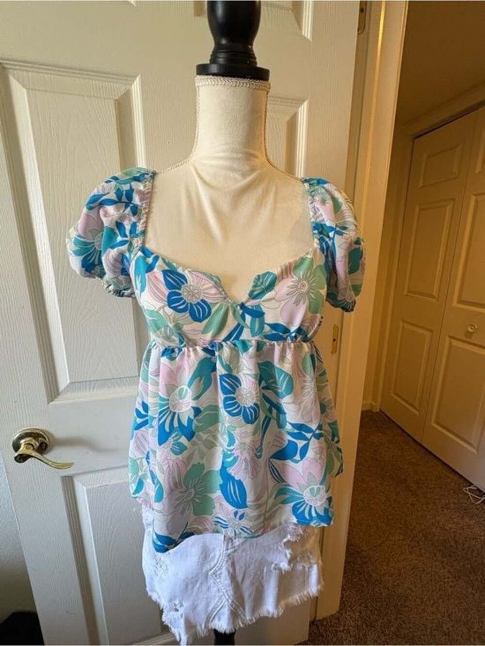 honey & sparkle Floral Puff-Sleeve Sweetheart Babydoll Top Cottagecore